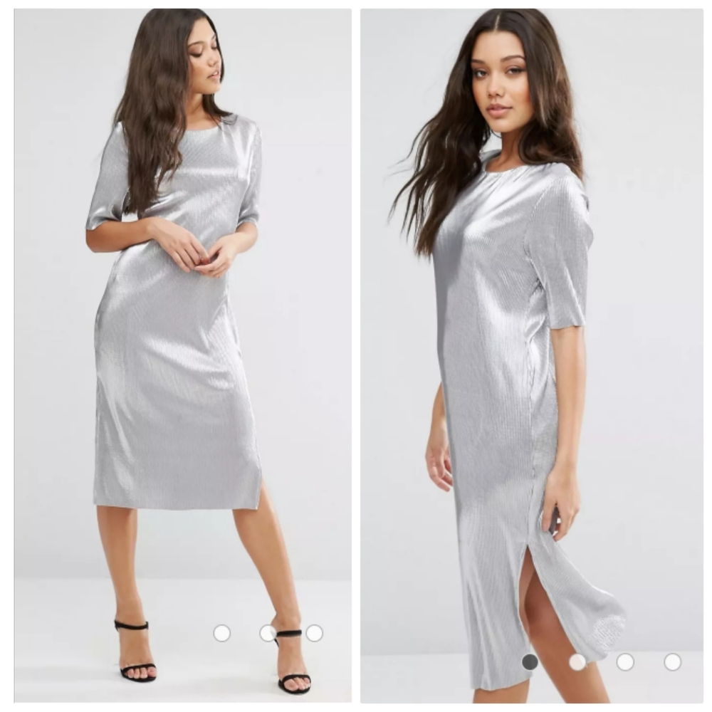 Asos Platinum Silver Plisse T-shirt Midi Dress